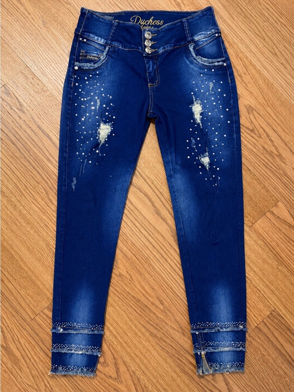 Duchess Jeans‎ Y2K Rhinestone Distressed Skinny Jeans High Rise Stretch Denim 12
